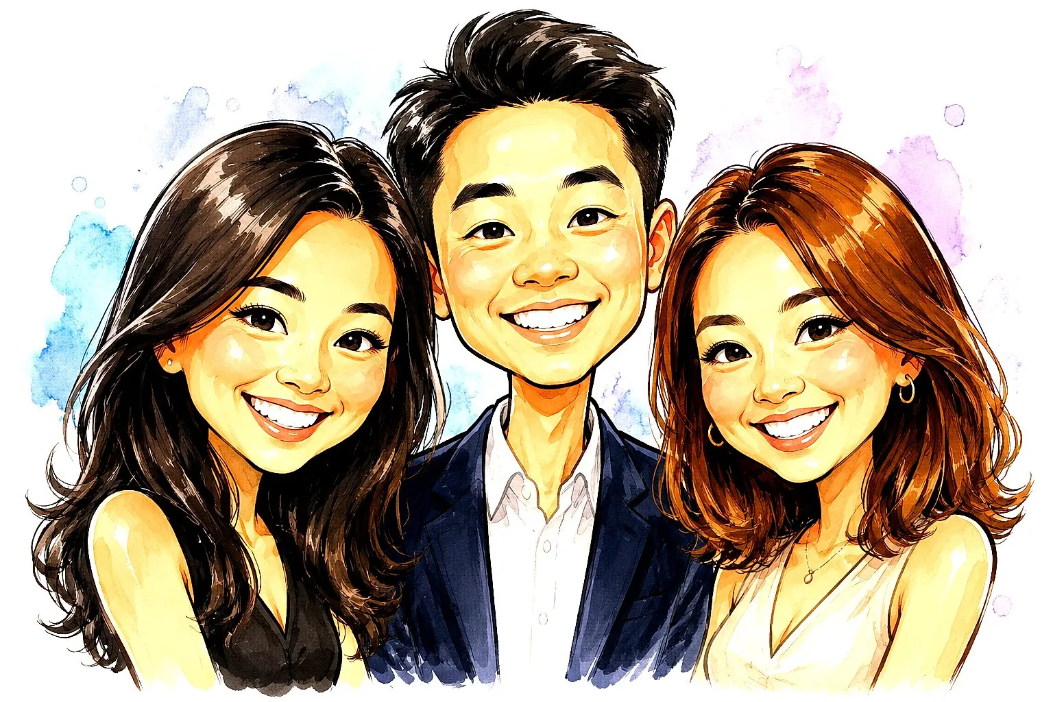 Watercolour-style caricature of three smiling friends