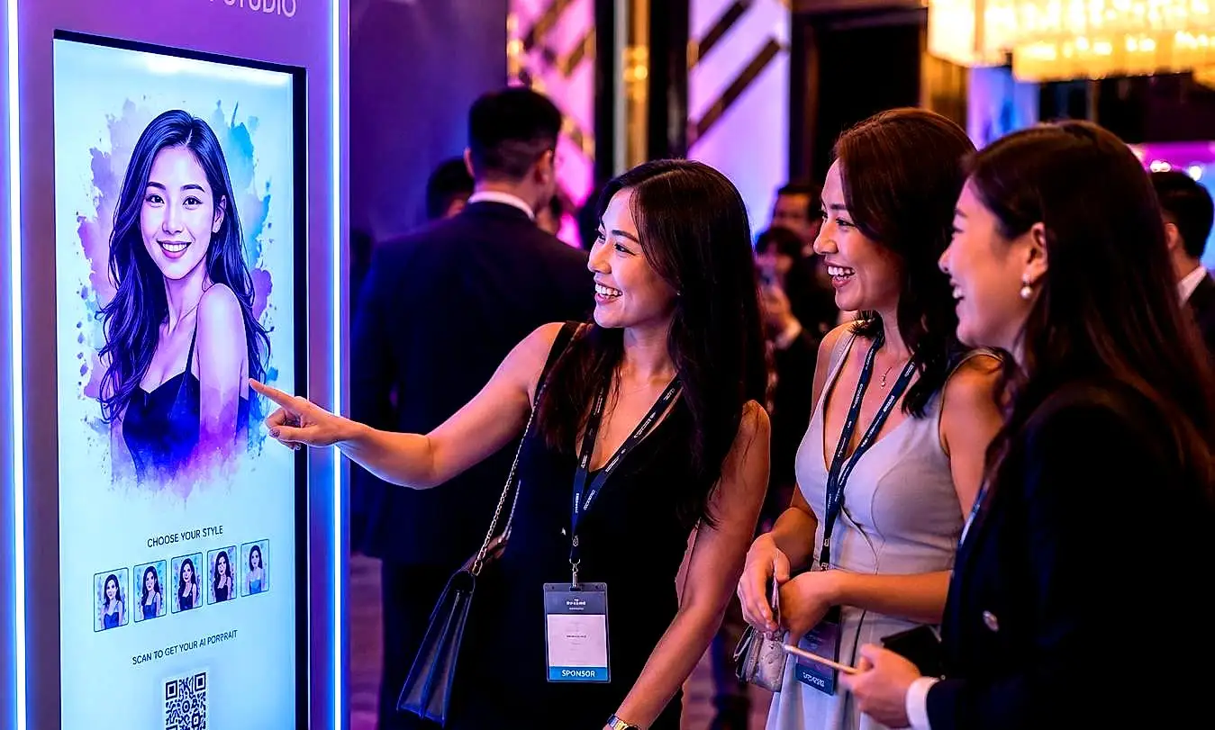 Three guests looking at an AI-generated portrait on a large screen