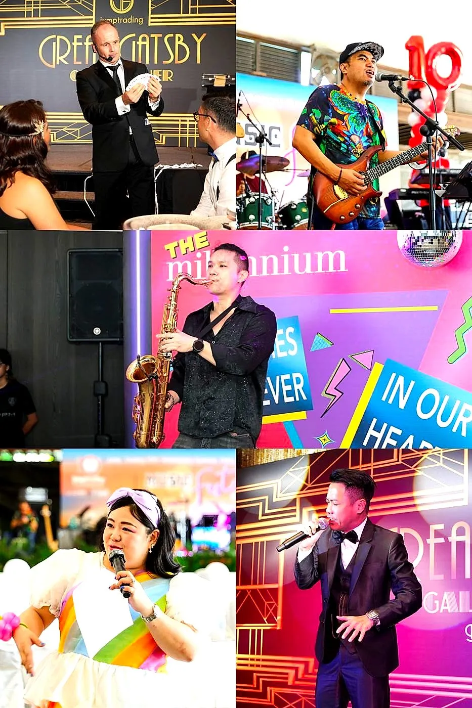 Saxophonist performing in front of a retro party backdrop