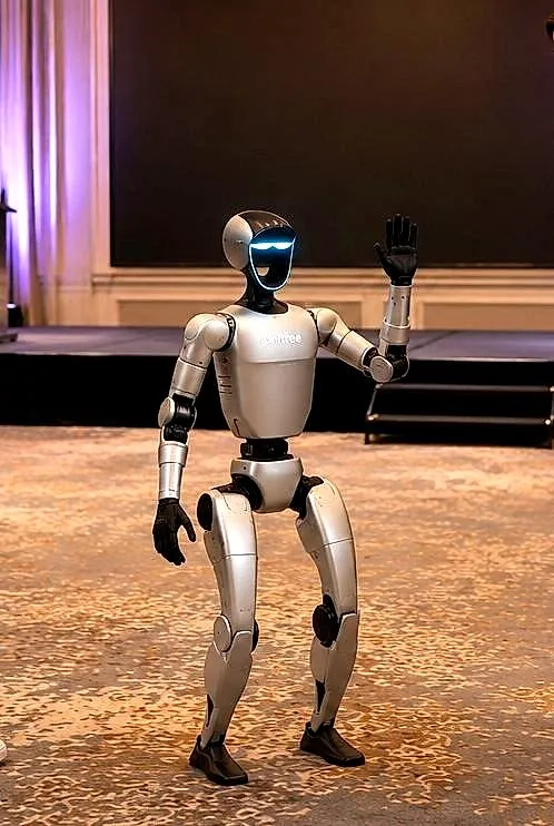 Humanoid robot waving on an event stage