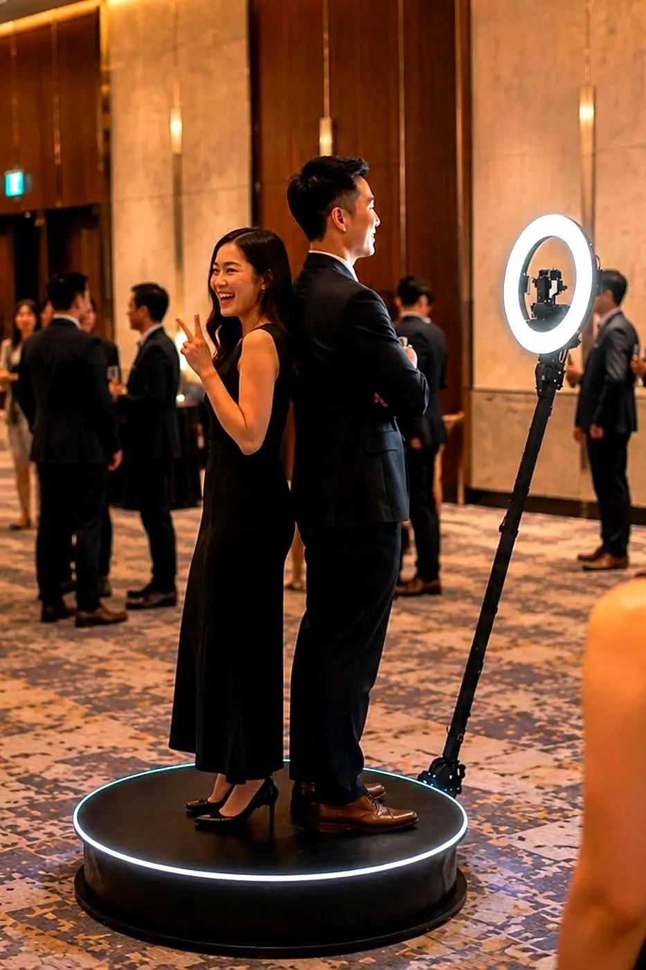 Guests posing on a 360-degree video booth platform beside a ring light
